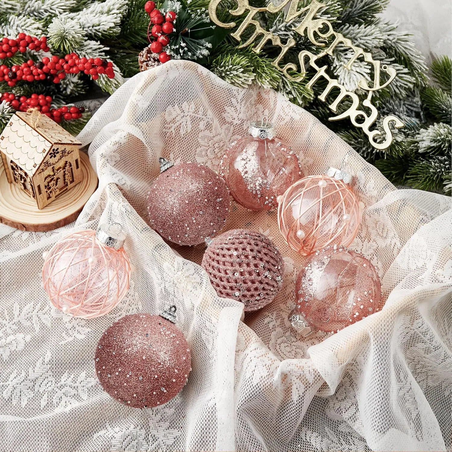 80mm/3.15" Christmas Ball Ornaments - 9pcs Large Shatterproof Foam Christmas Tree Decorations, Clear Plastic Glitter Hanging Balls for Xmas Holiday Party Home Decor (Rose Gold)