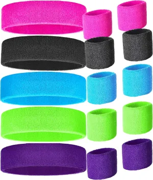80s Sweatbands and Wristbands, Neon Sweatbands 80s, Sports Headband and Wristband Sets in 5 Colors