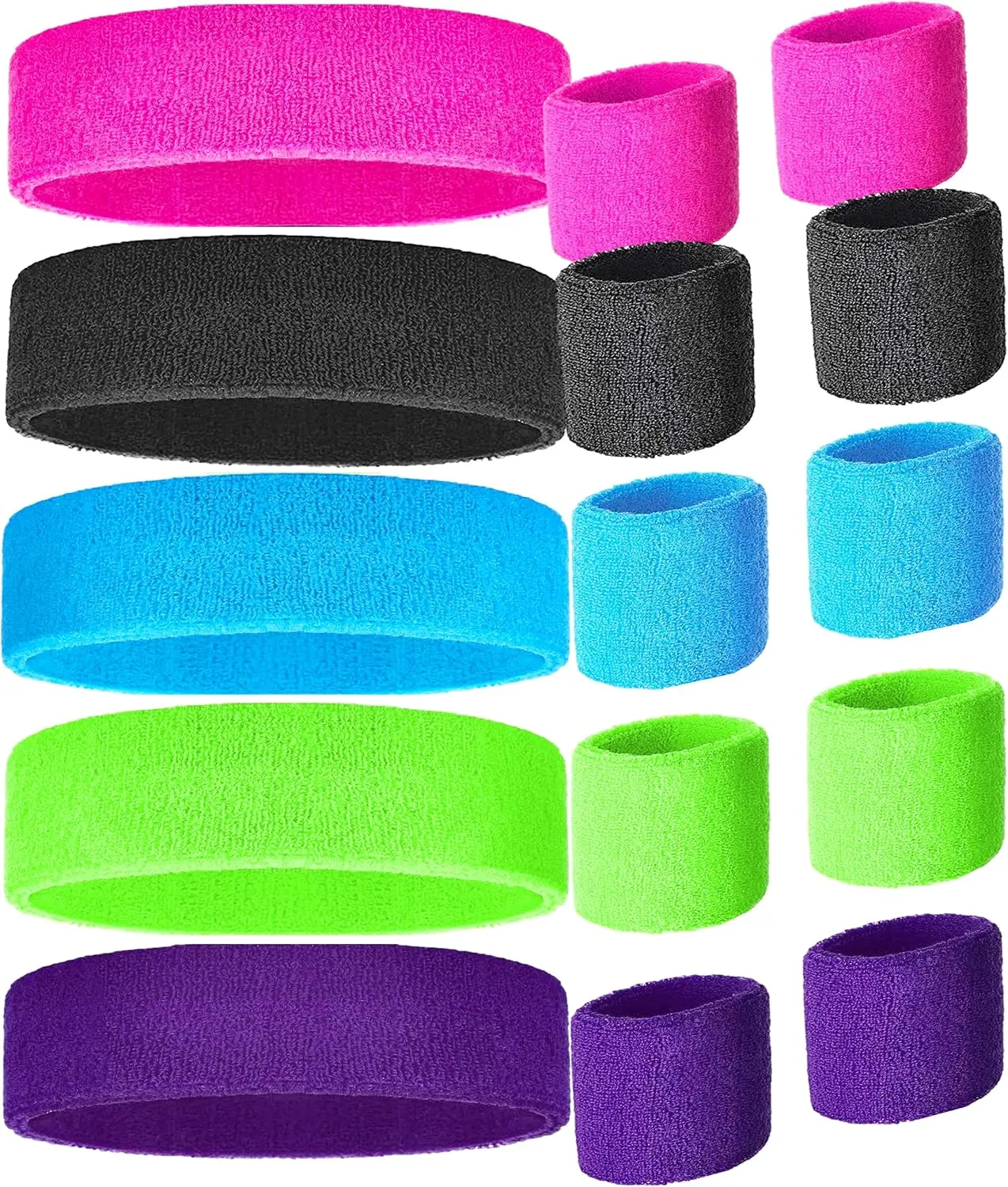 80s Sweatbands and Wristbands, Neon Sweatbands 80s, Sports Headband and Wristband Sets in 5 Colors