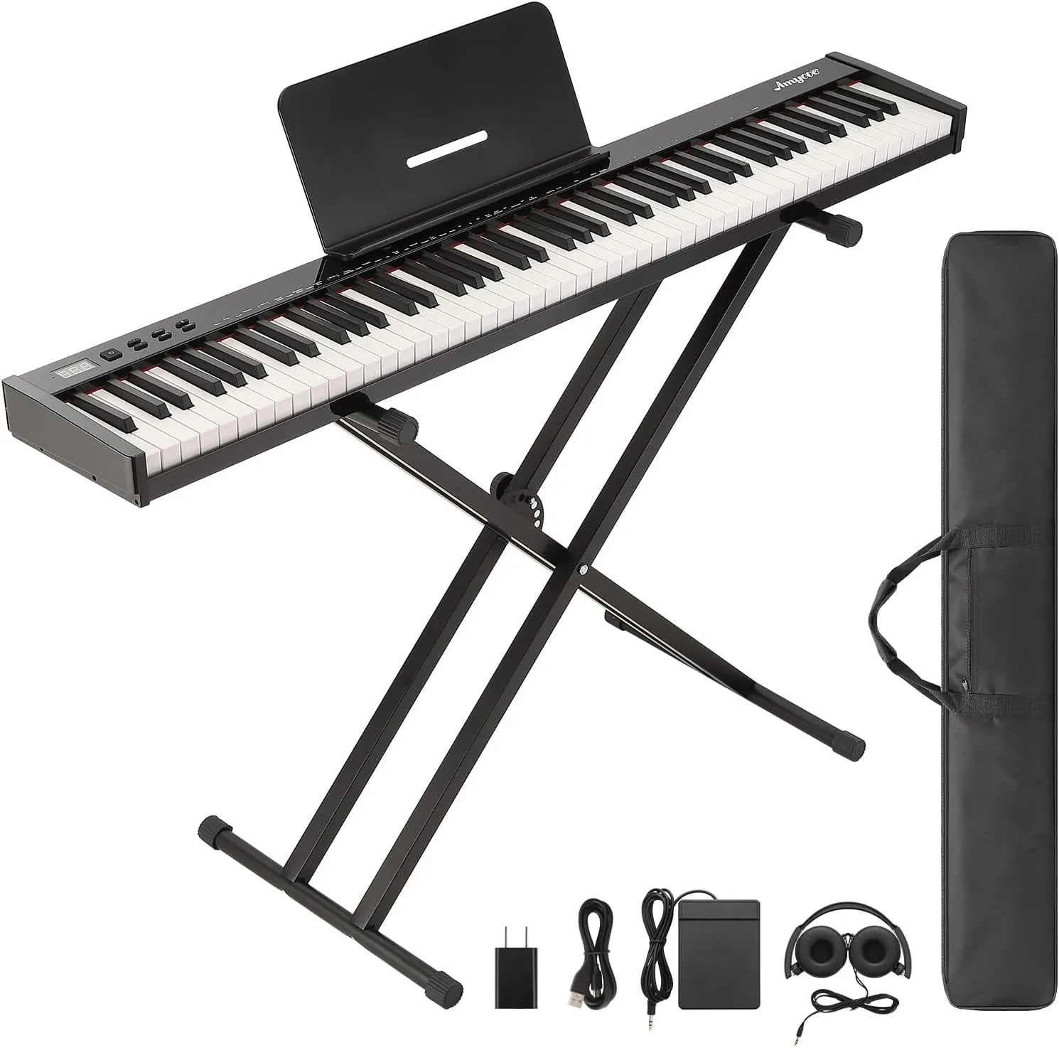 88 Key Keyboard Piano, Full-Size Electric Keyboard Piano for Beginners, Portable Electric Piano with Stand, Headphones, Pedal, Handbag, Bluetooth, USB MIDI, Black with Stand