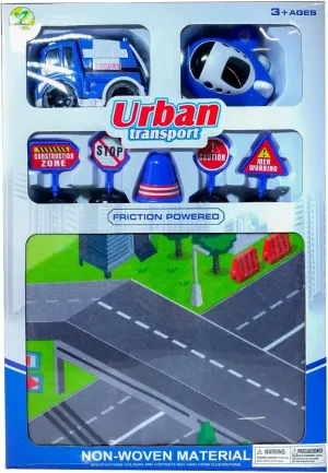 8pc City Transport Playmat Set Friction Power Police Cars Boys 3 and Up