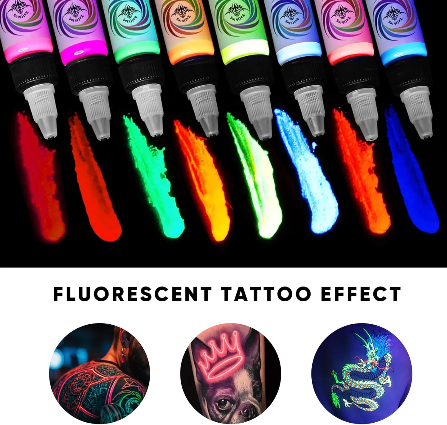 8Pcs Tattoo Ink Color Set, Glow in The Blacklight Tattoo Ink Set, Skin-Safe Permanent Tattooing for 3D Makeup Beauty Skin Body Art, 1/2 oz 15ml/Bottle, 8 Color (15ml, 8Color)