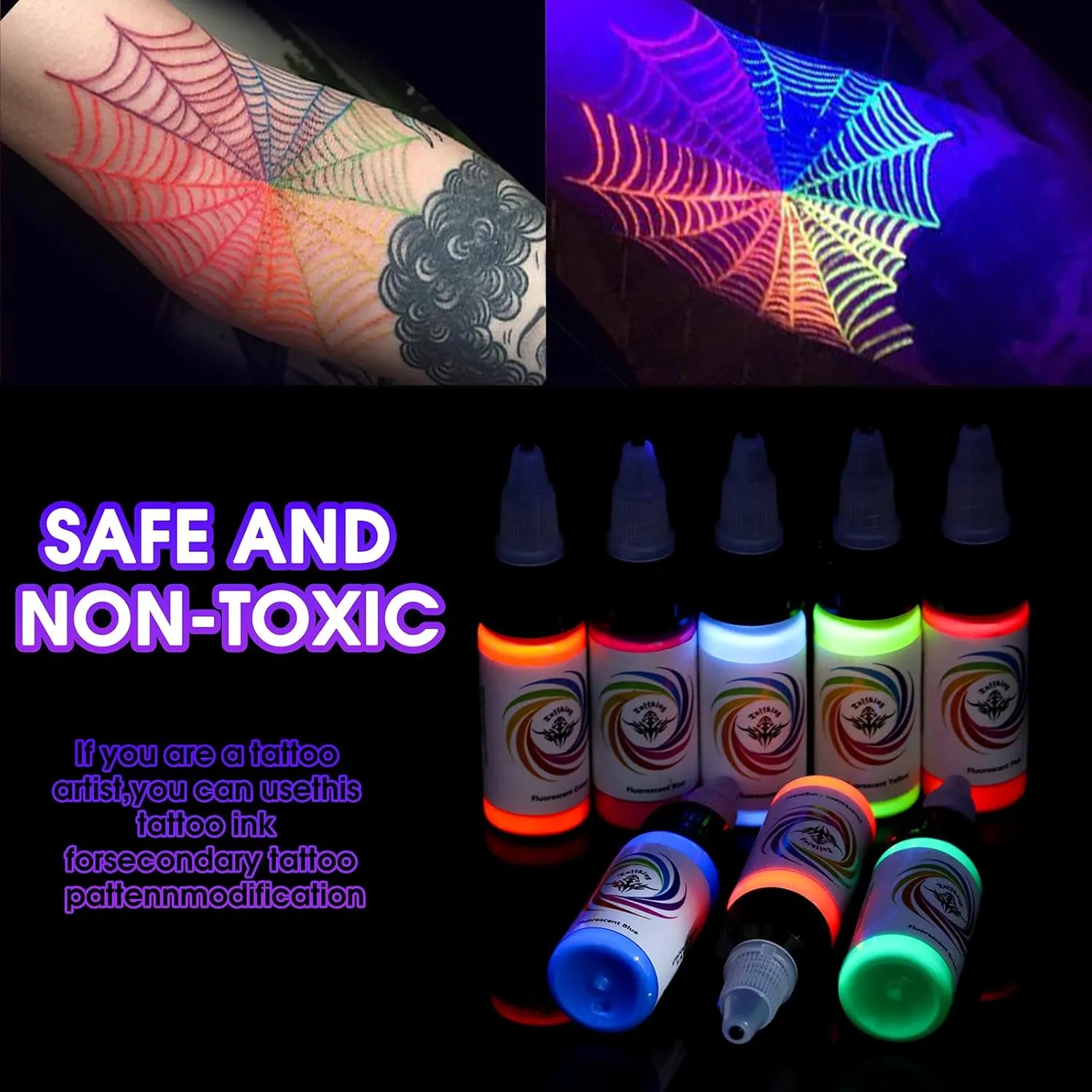 8Pcs Tattoo Ink Color Set, Glow in The Blacklight Tattoo Ink Set, Skin-Safe Permanent Tattooing for 3D Makeup Beauty Skin Body Art, 1/2 oz 15ml/Bottle, 8 Color (15ml, 8Color)