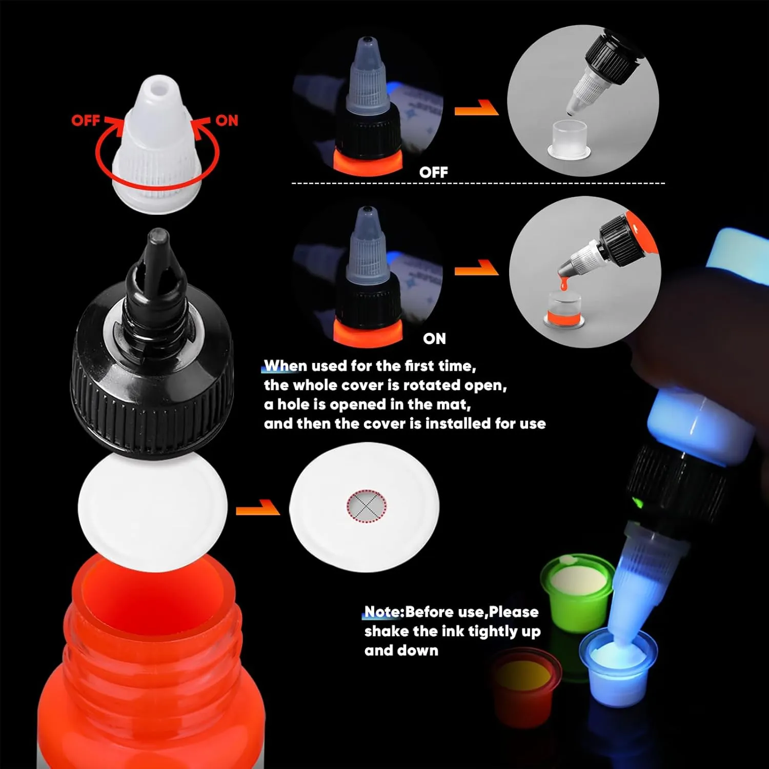 8Pcs Tattoo Ink Color Set, Glow in The Blacklight Tattoo Ink Set, Skin-Safe Permanent Tattooing for 3D Makeup Beauty Skin Body Art, 1/2 oz 15ml/Bottle, 8 Color (15ml, 8Color)