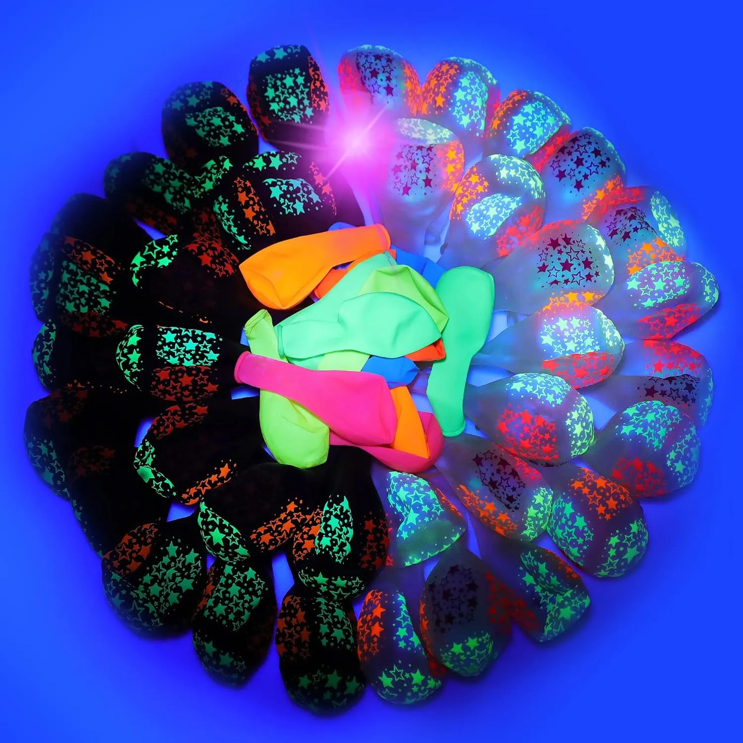90 Pcs UV Neon Balloons ,Neon Stars Glow Party Balloons UV Black Light Balloons Glow in the dark for Birthday Decorations Wedding Glow Party Supplies Blacklight Carnival Reactive Fluorescent Balloons