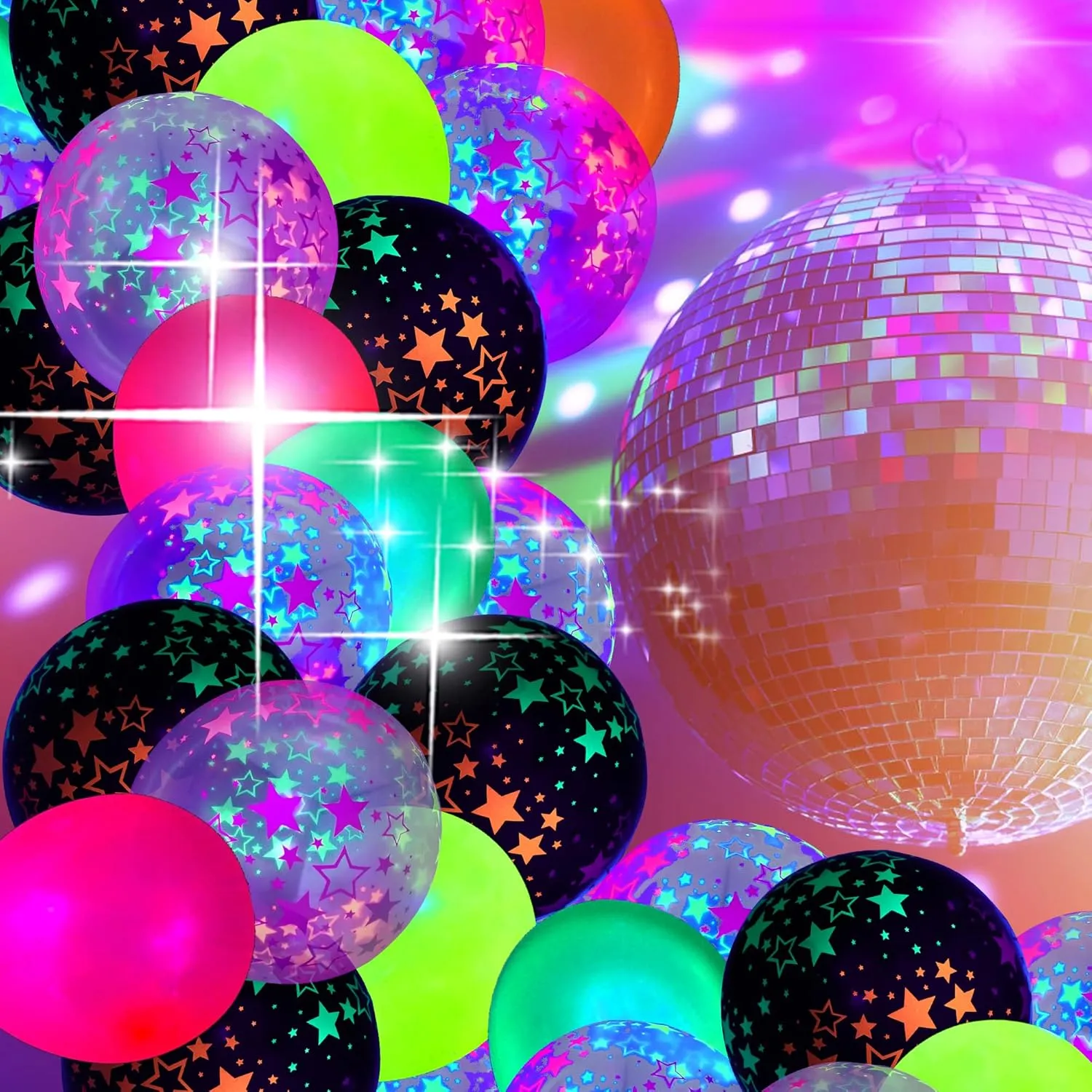 90 Pcs UV Neon Balloons ,Neon Stars Glow Party Balloons UV Black Light Balloons Glow in the dark for Birthday Decorations Wedding Glow Party Supplies Blacklight Carnival Reactive Fluorescent Balloons