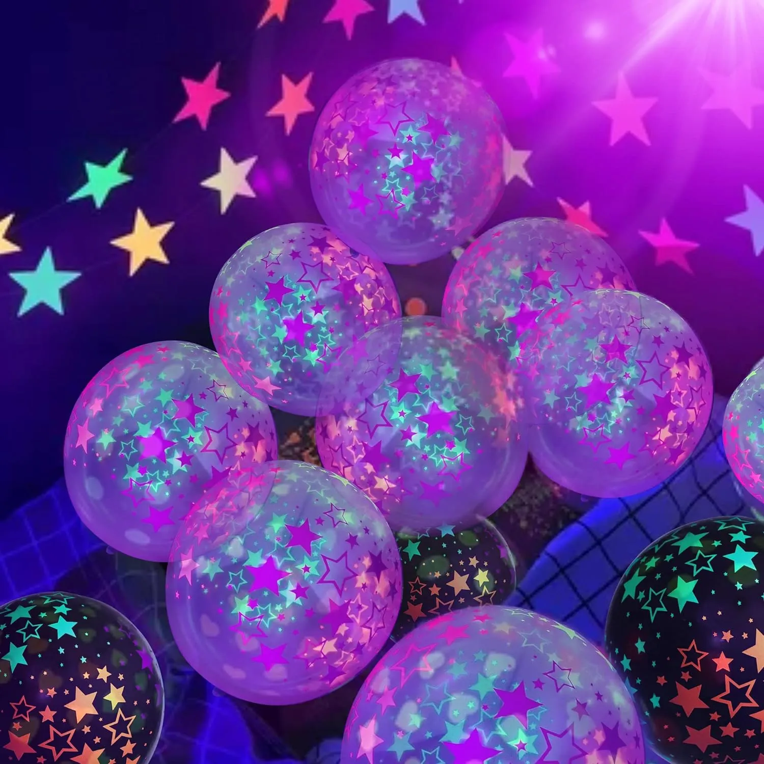 90 Pcs UV Neon Balloons ,Neon Stars Glow Party Balloons UV Black Light Balloons Glow in the dark for Birthday Decorations Wedding Glow Party Supplies Blacklight Carnival Reactive Fluorescent Balloons