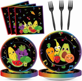 96 Pcs Dancing Fruit Party Plates and Napkins for Fruit Birthday Theme Supplies Dancing Fruits Themed Paper Dessert Plates Fruits Party Tableware Set for Kids 24 Guests Birthday Decoration