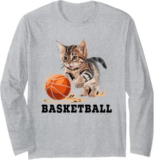 A Cat Playing A Basketball Shoot Court Player Long Sleeve T-Shirt