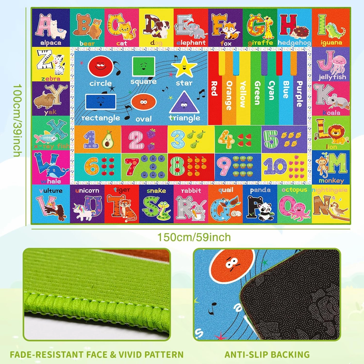 ABC Carpet, Kids Rugs for Playroom, Educational Play Mat for Kids, Preschool Rugs with ABC, Numbers, Animals Learning Rugs for Bedroom Playroom Classroom Baby Toddler Children (Blue, 59X39.4 INCH)