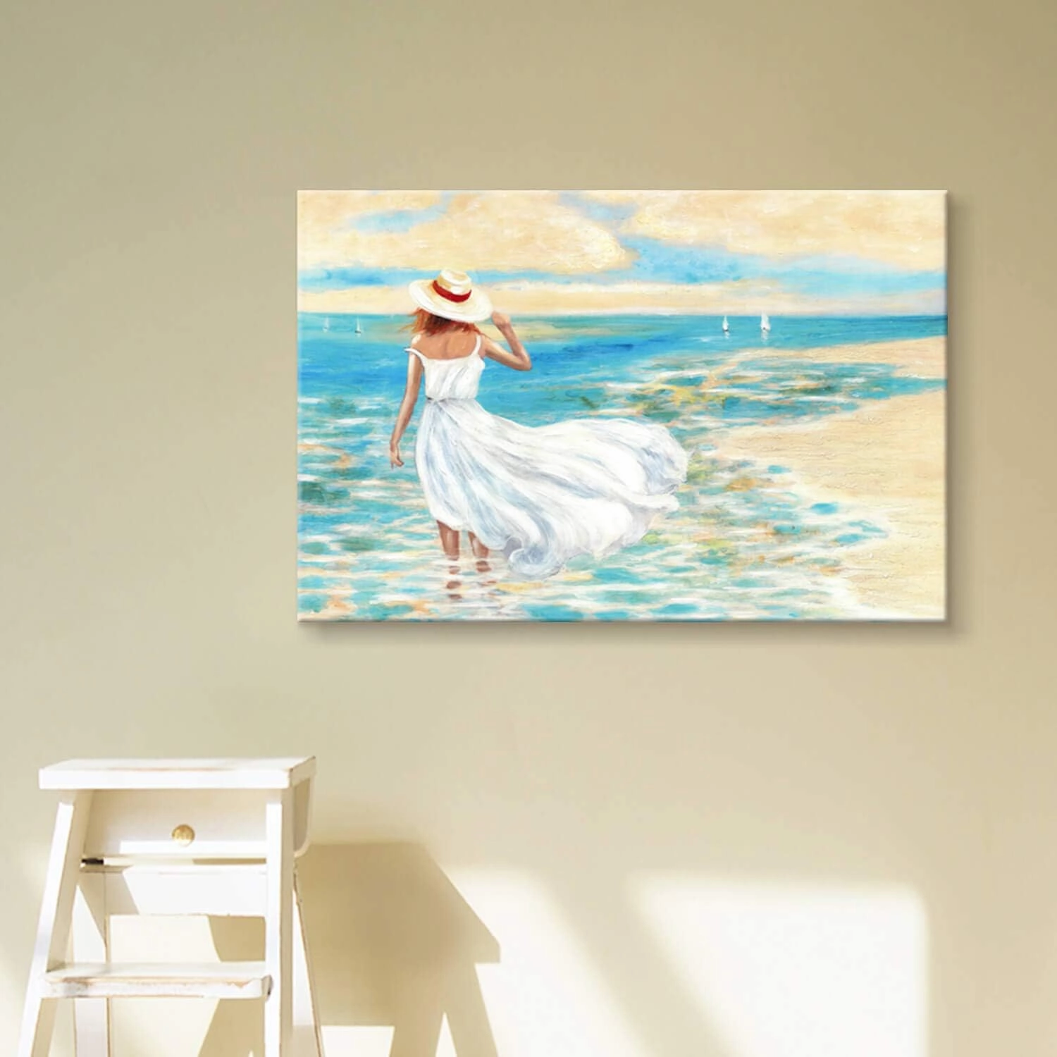 Abstract Beach Picture Wall Art: Girl & Ocean Artwork Seascape Painting on Canvas for Bathroom (36” x 24” x 1 Panel)