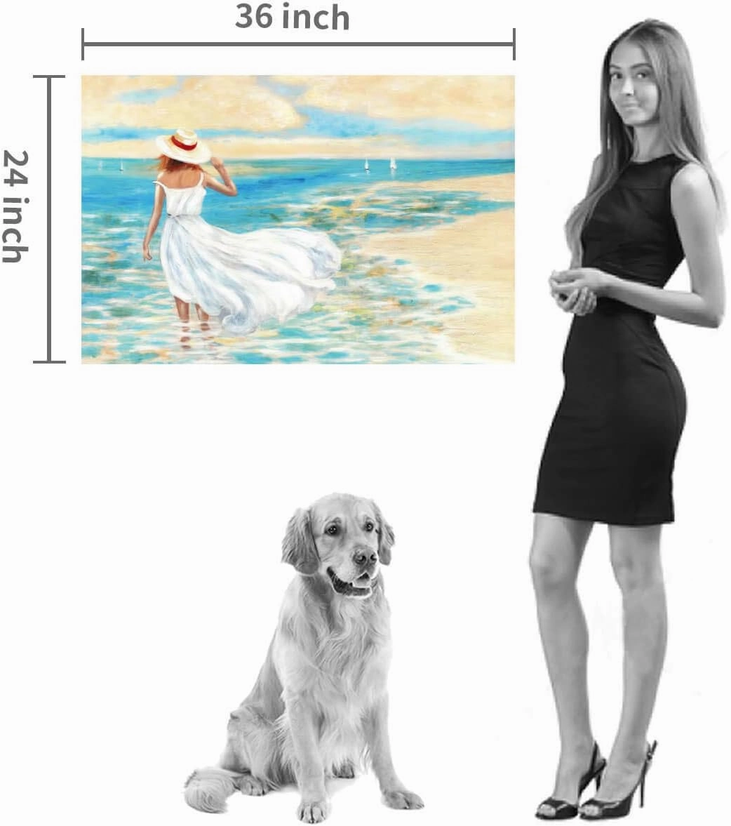 Abstract Beach Picture Wall Art: Girl & Ocean Artwork Seascape Painting on Canvas for Bathroom (36” x 24” x 1 Panel)