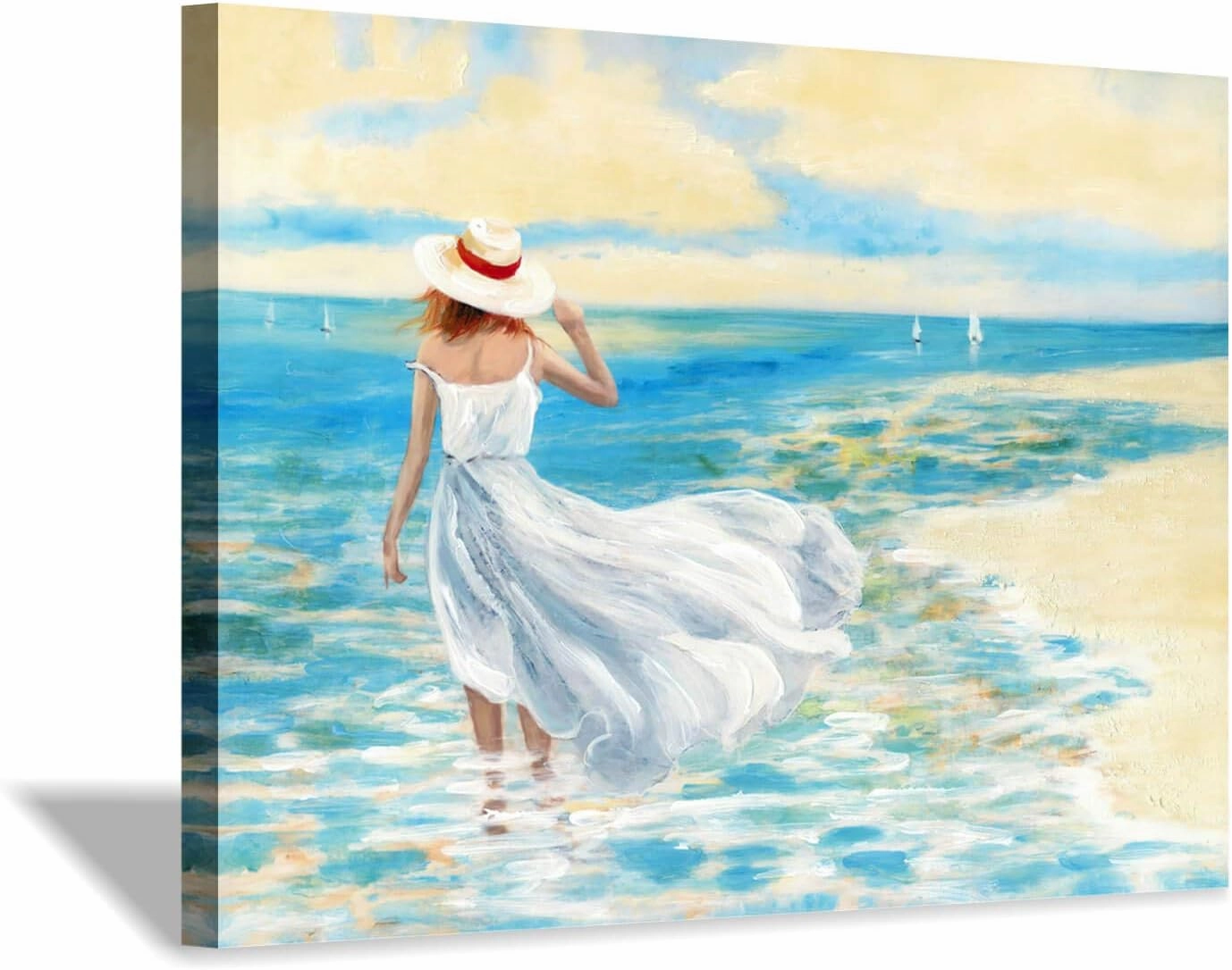Abstract Beach Picture Wall Art: Girl & Ocean Artwork Seascape Painting on Canvas for Bathroom (36” x 24” x 1 Panel)