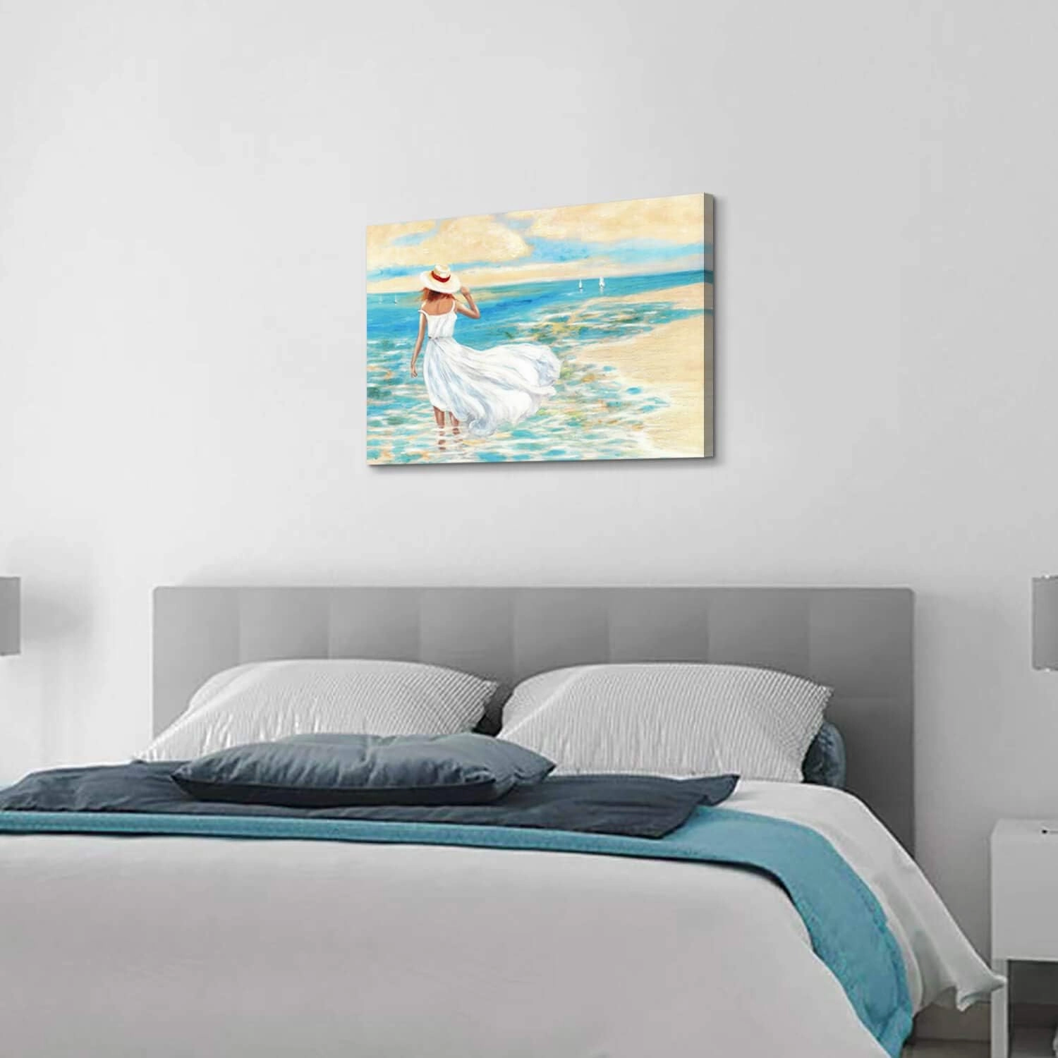 Abstract Beach Picture Wall Art: Girl & Ocean Artwork Seascape Painting on Canvas for Bathroom (36” x 24” x 1 Panel)