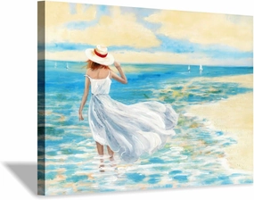 Abstract Beach Picture Wall Art: Girl & Ocean Artwork Seascape Painting on Canvas for Bathroom (36” x 24” x 1 Panel)