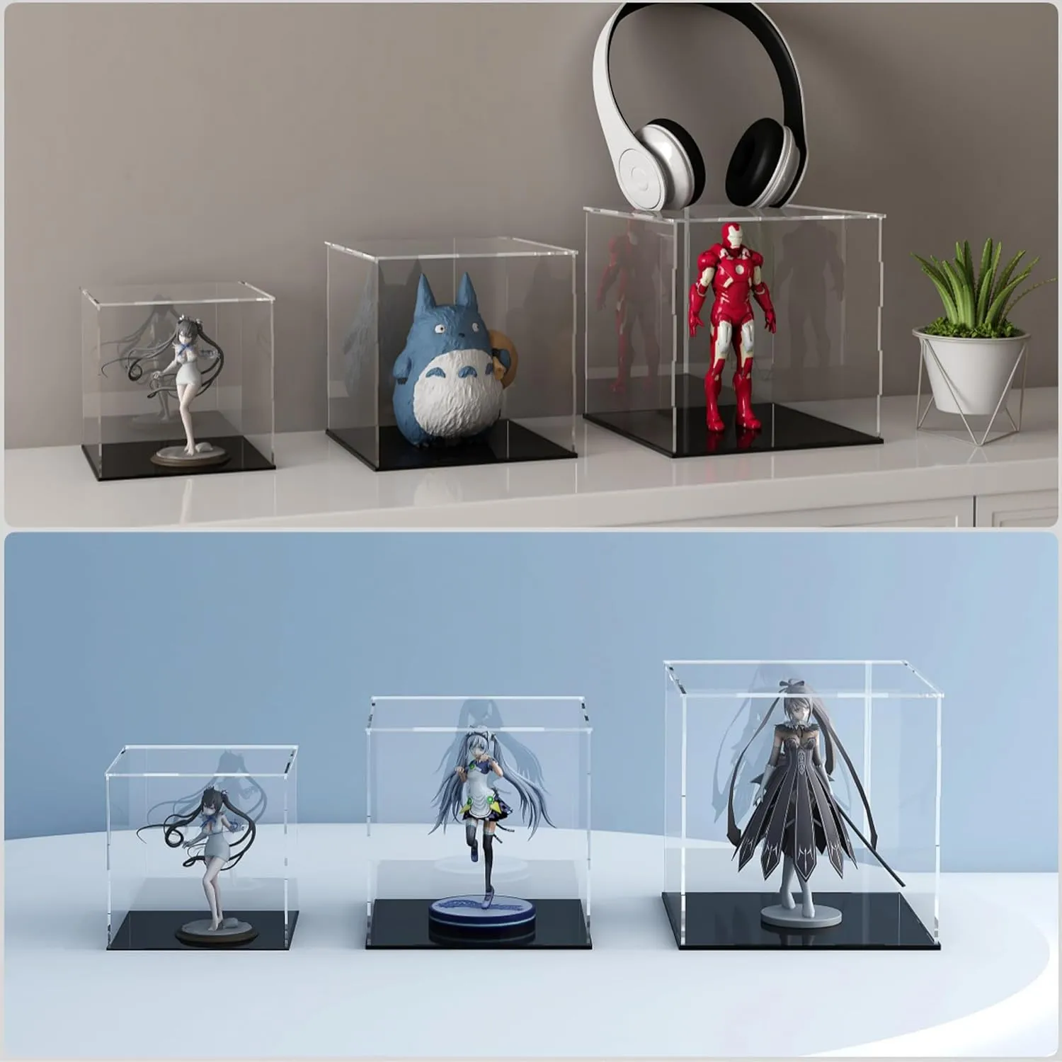 Acrylic Display Case for Collectibles and Toys, Versatile Clear Acrylic Display Box with Black Base for DIY Dollhouse and Tiny House, 10x8x9-inch