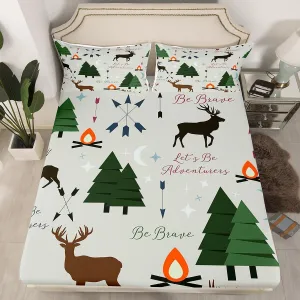 Adventure Deer Bedding Set Twin Size,Cartoon Pine Tree Jungle Animals Fitted Sheet,Arrow and Stars Moon Bed Sheet for Kids Girls Boys Adult Room Decor Rustic Camping Deep Pocket Sheet Green 2Pcs