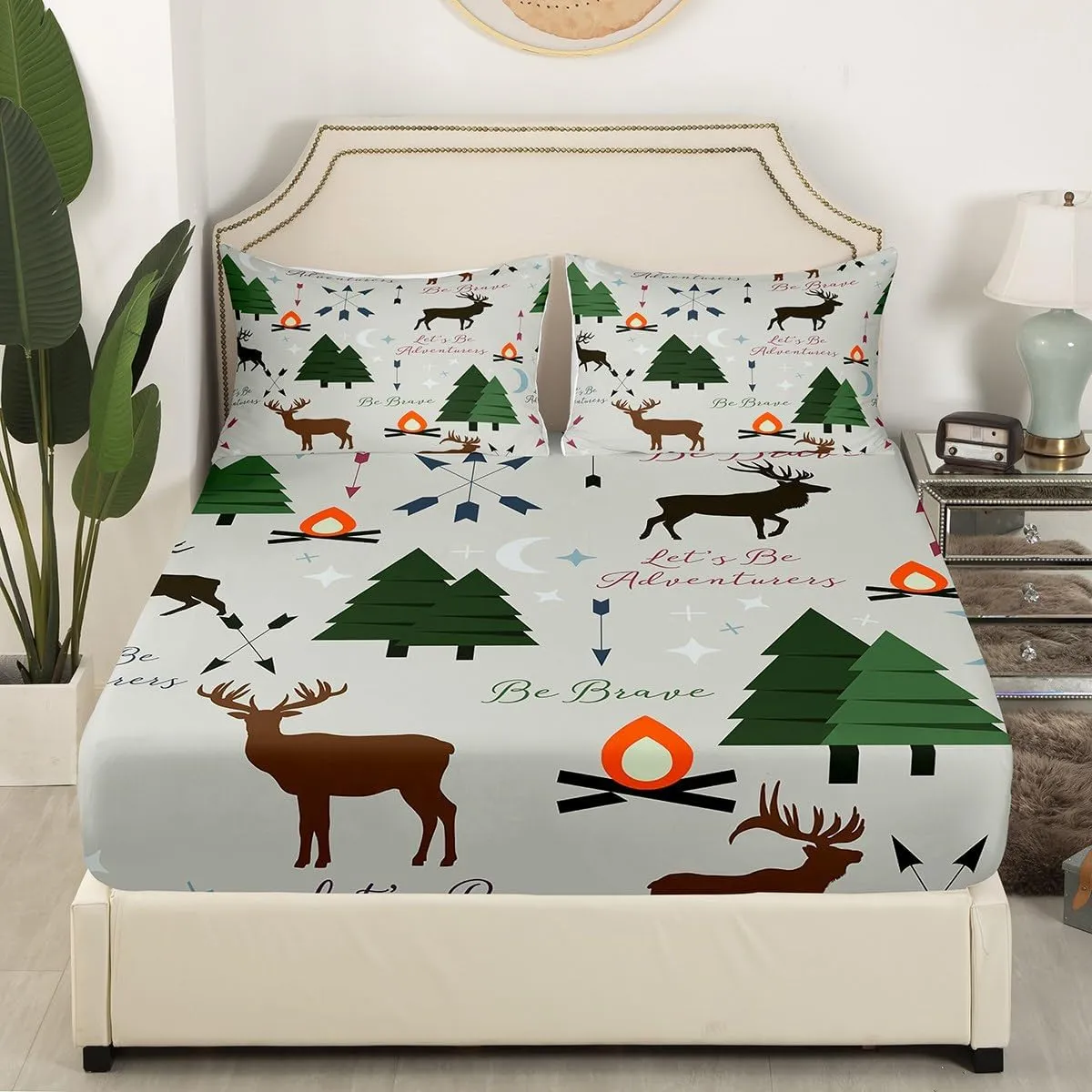 Adventure Deer Bedding Set Twin Size,Cartoon Pine Tree Jungle Animals Fitted Sheet,Arrow and Stars Moon Bed Sheet for Kids Girls Boys Adult Room Decor Rustic Camping Deep Pocket Sheet Green 2Pcs