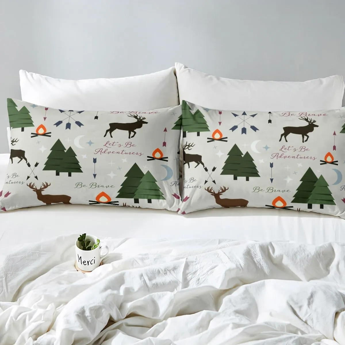 Adventure Deer Bedding Set Twin Size,Cartoon Pine Tree Jungle Animals Fitted Sheet,Arrow and Stars Moon Bed Sheet for Kids Girls Boys Adult Room Decor Rustic Camping Deep Pocket Sheet Green 2Pcs