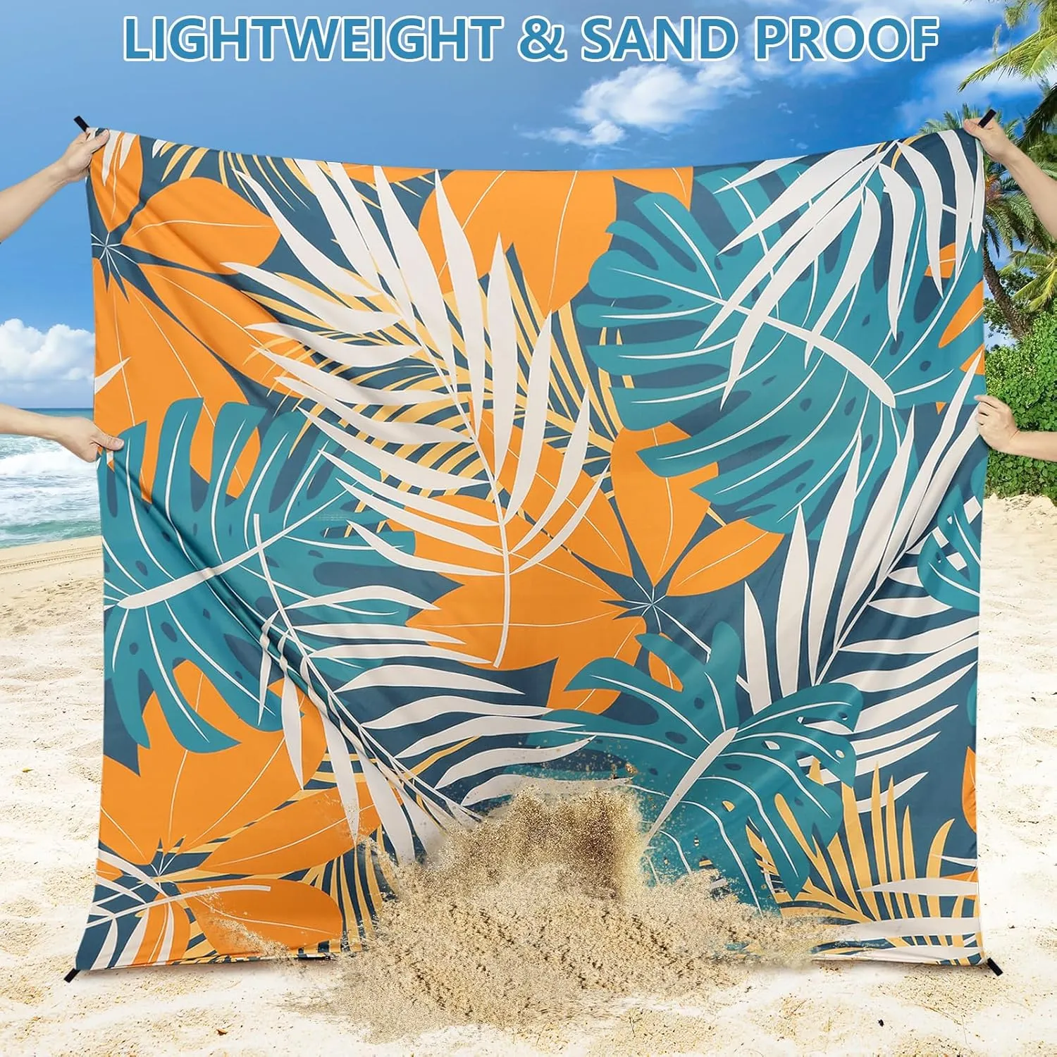 AISPARKY Beach Blanket Waterproof Sandproof Lightweight Durable Compact Sand Free Beach Mat for Festival Travel Camping Hiking Picnic Blanket (BK&GN&O-Palm, 79"×83"(4 Person))
