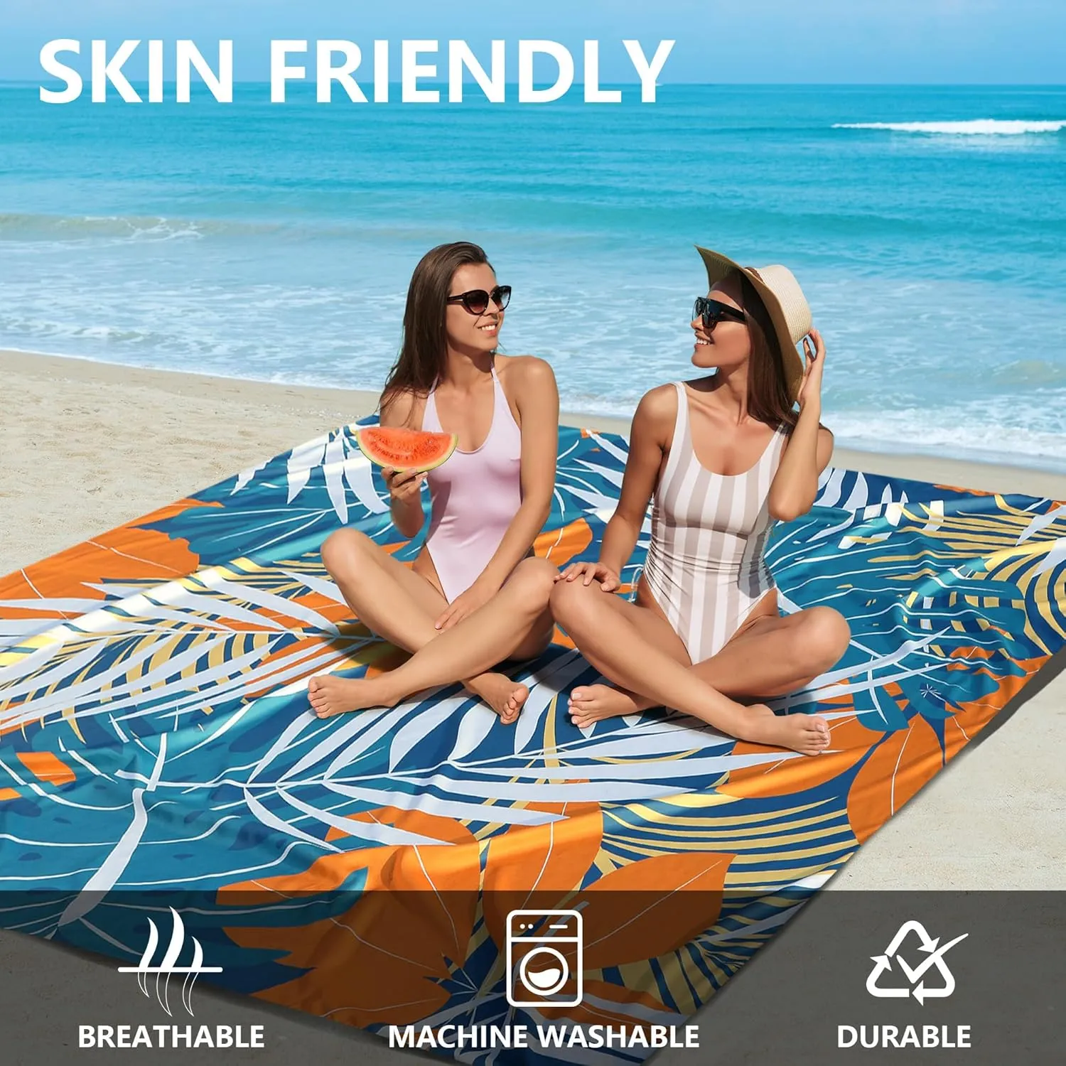 AISPARKY Beach Blanket Waterproof Sandproof Lightweight Durable Compact Sand Free Beach Mat for Festival Travel Camping Hiking Picnic Blanket (BK&GN&O-Palm, 79"×83"(4 Person))