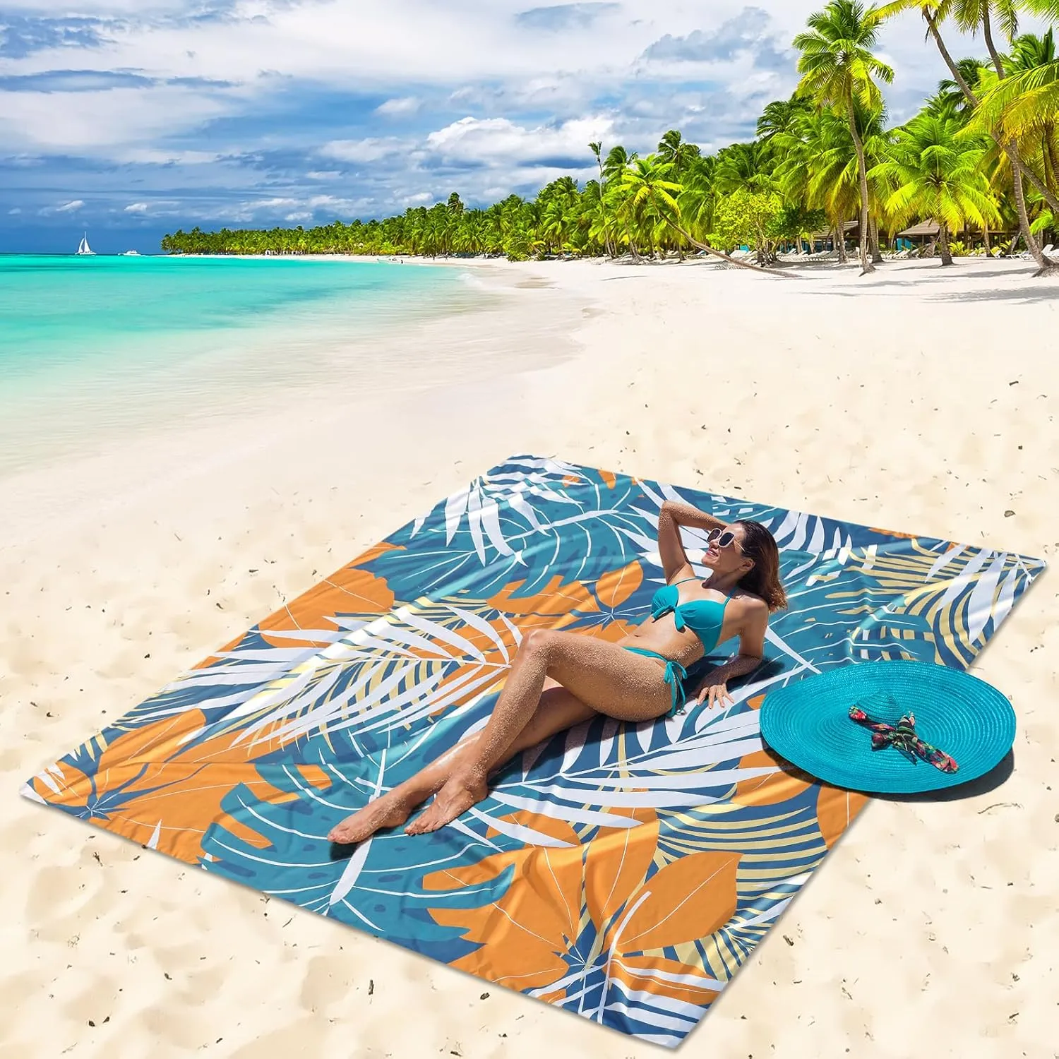 AISPARKY Beach Blanket Waterproof Sandproof Lightweight Durable Compact Sand Free Beach Mat for Festival Travel Camping Hiking Picnic Blanket (BK&GN&O-Palm, 79"×83"(4 Person))
