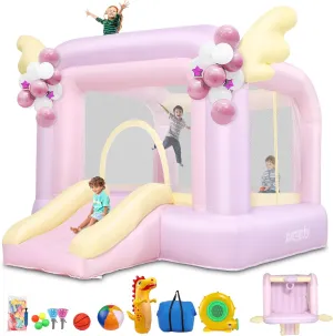 AKEYDIY Inflatable Bounce House for Kids, 106'' x 85'' x 80'' Macaron Jumping House with Slide, Balloons, Catch Ball Set, Punching Bag, Beach Ball, Basketball