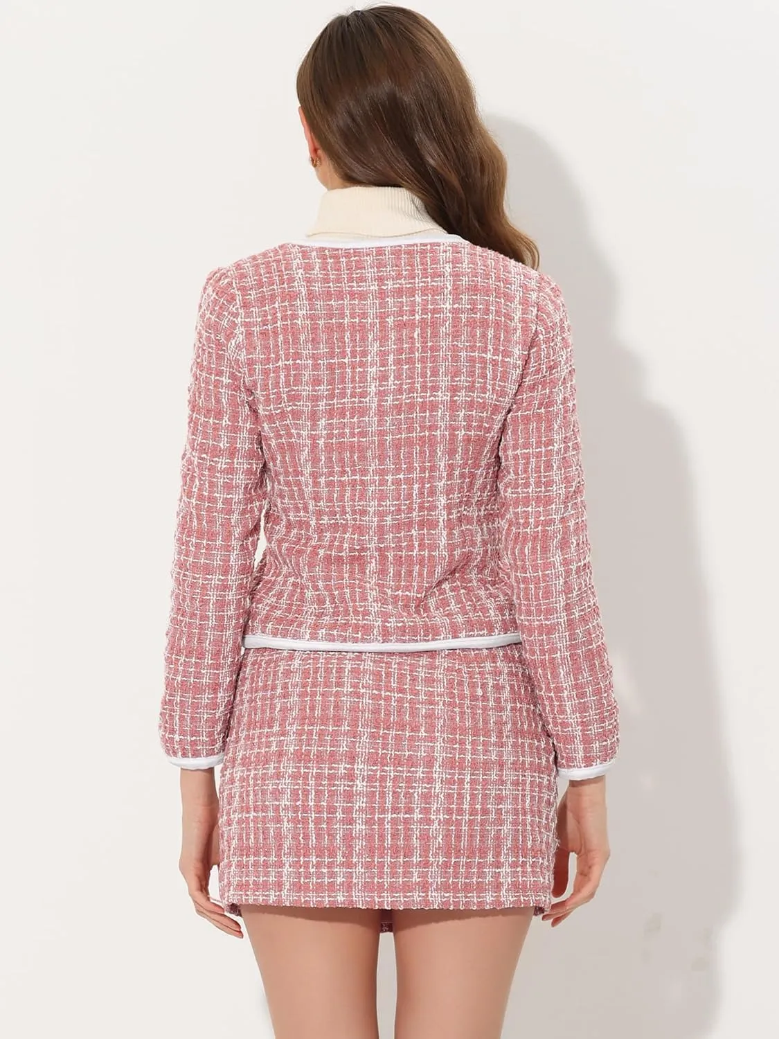 Allegra K Business Suit Set for Women's 2 Piece Outfits Plaid Tweed Easter Short Blazer Jacket and Skirt Sets