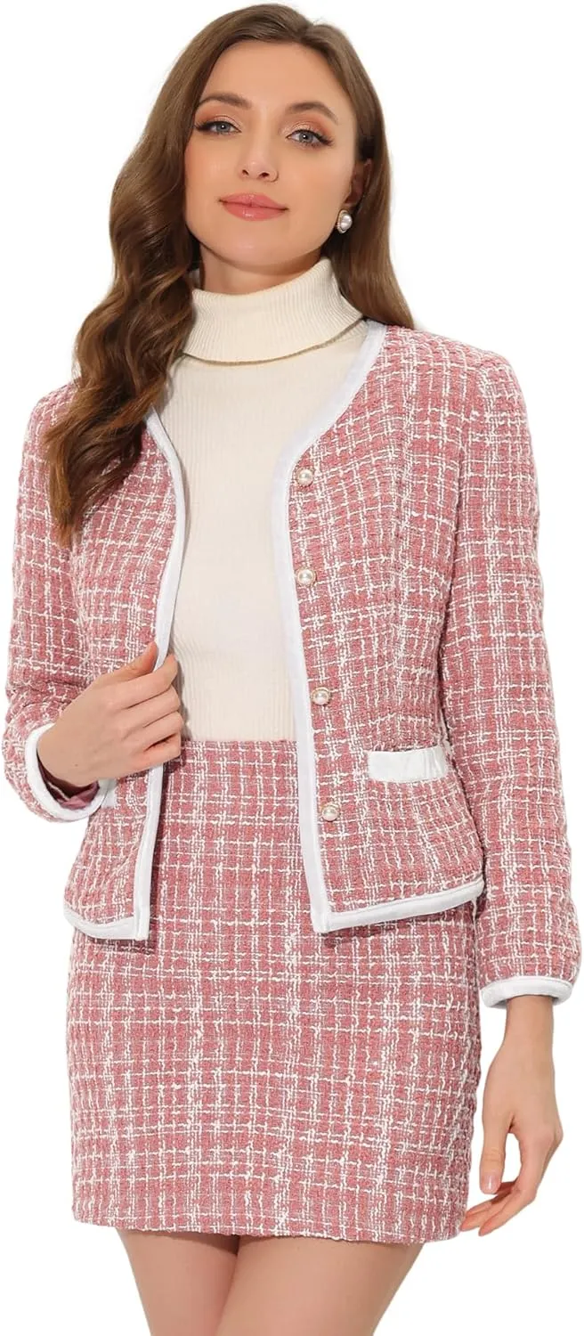 Allegra K Business Suit Set for Women's 2 Piece Outfits Plaid Tweed Easter Short Blazer Jacket and Skirt Sets