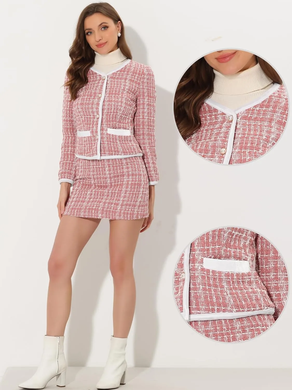 Allegra K Business Suit Set for Women's 2 Piece Outfits Plaid Tweed Easter Short Blazer Jacket and Skirt Sets