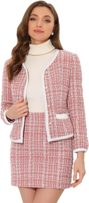 Allegra K Business Suit Set for Women's 2 Piece Outfits Plaid Tweed Easter Short Blazer Jacket and Skirt Sets