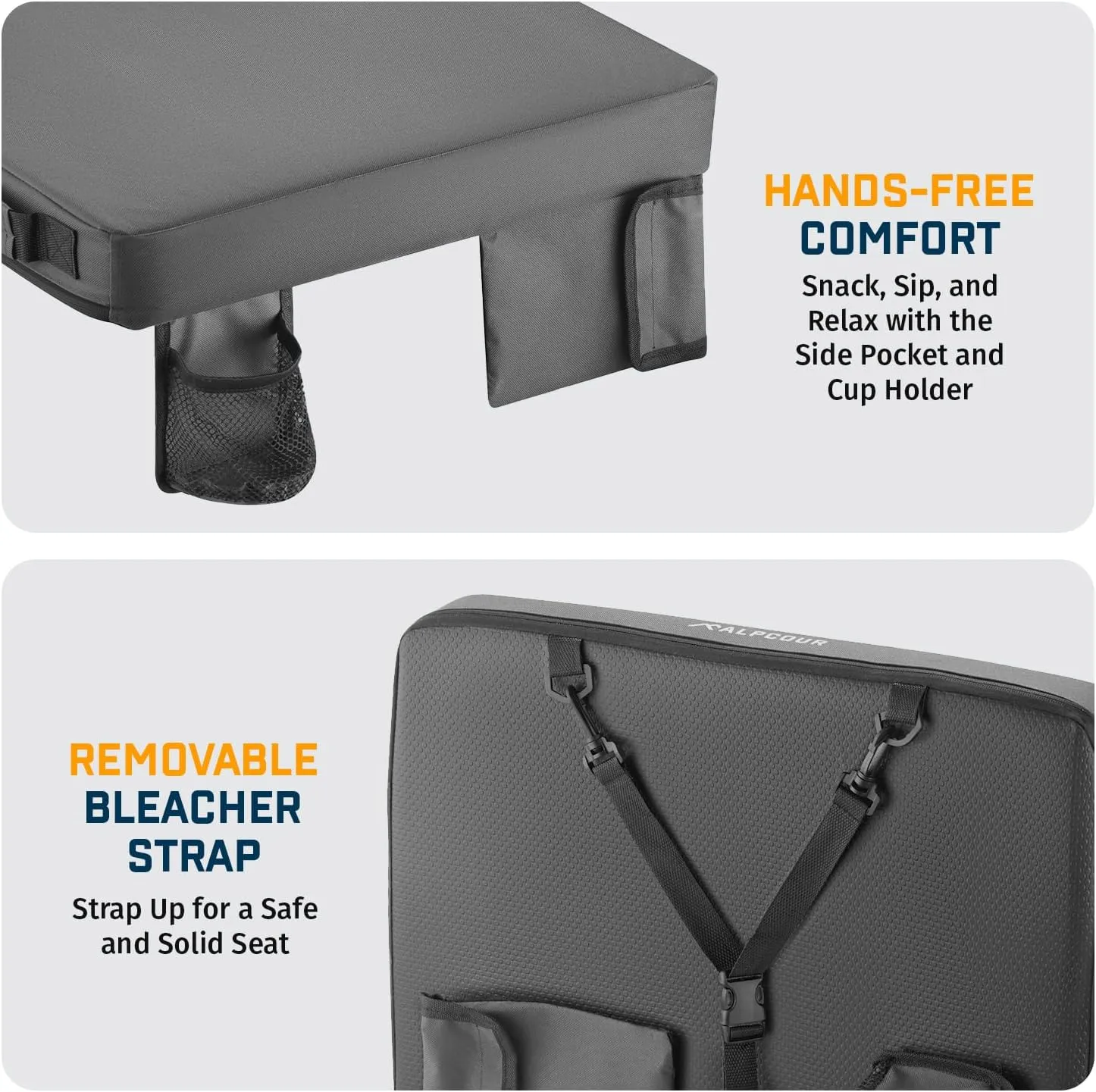 Alpcour Portable Extra Thick Stadium Seat Cushion – Bleacher Cushion with Side Pocket, Cup Holder, Waterproof, Anti-Slip, and Straps – Perfect for Football Seats and Bench Seats for Bleachers