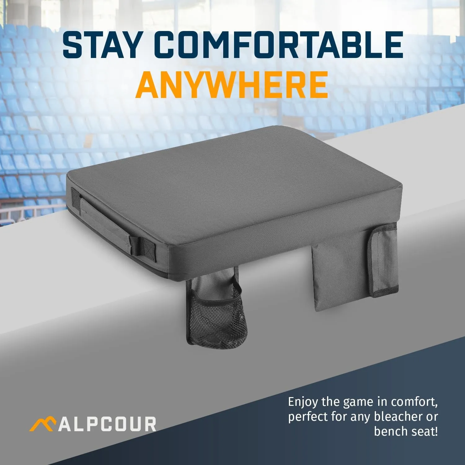 Alpcour Portable Extra Thick Stadium Seat Cushion – Bleacher Cushion with Side Pocket, Cup Holder, Waterproof, Anti-Slip, and Straps – Perfect for Football Seats and Bench Seats for Bleachers