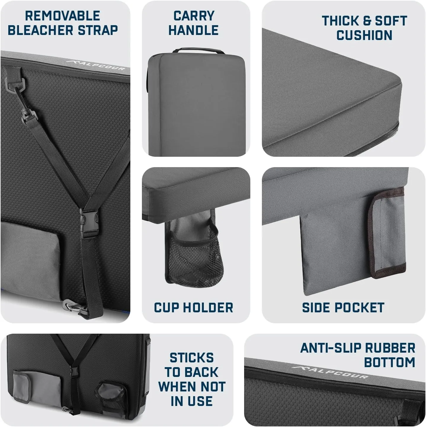 Alpcour Portable Extra Thick Stadium Seat Cushion – Bleacher Cushion with Side Pocket, Cup Holder, Waterproof, Anti-Slip, and Straps – Perfect for Football Seats and Bench Seats for Bleachers