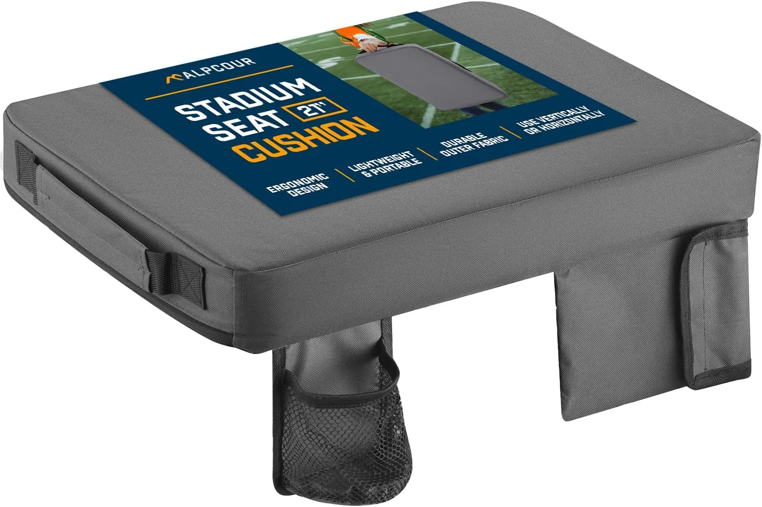 Alpcour Portable Extra Thick Stadium Seat Cushion – Bleacher Cushion with Side Pocket, Cup Holder, Waterproof, Anti-Slip, and Straps – Perfect for Football Seats and Bench Seats for Bleachers