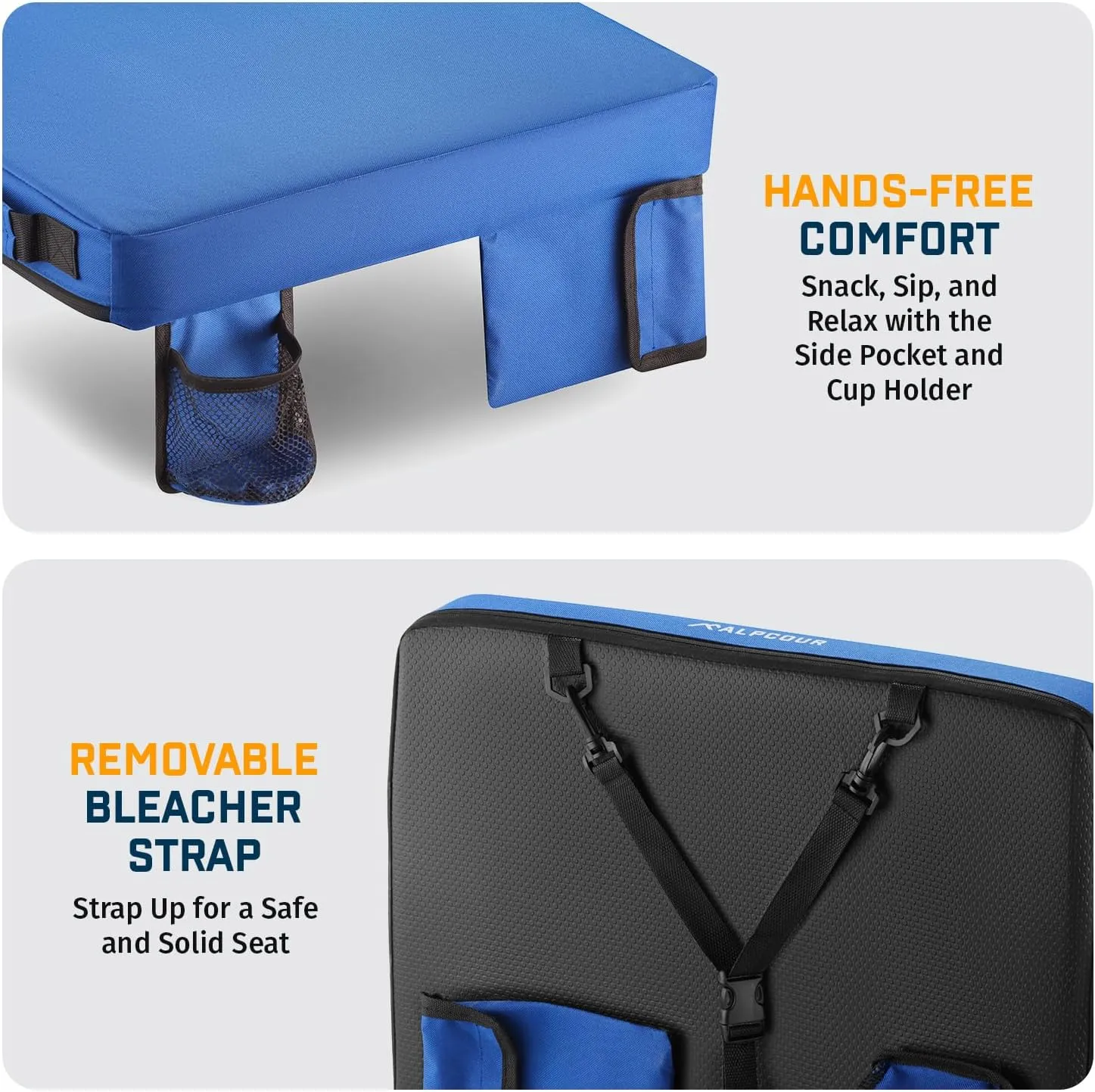 Alpcour Portable Extra Thick Stadium Seat Cushion – Bleacher Cushion with Side Pocket, Cup Holder, Waterproof, Anti-Slip, and Straps – Perfect for Football Seats and Bench Seats for Bleachers
