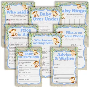 Amanda Creation Baby Shower Games 8 Game Set Watercolor Jungle Monkeys Boy 80 Double-Sided Cards for 20 Guests. Baby Shower Bingo, Baby Predictions & Activities for Guests. Baby Shower Theme for Boy