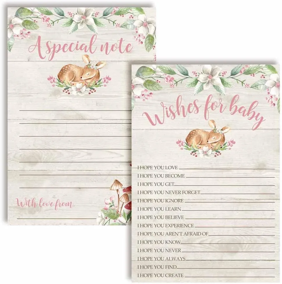 Amanda Creation Little Deer Woodland Girl Baby Wishes Cards 20, 4"x6" - Great Keepsake and Fun Activity for Baby Showers - Wishes for Baby Keepsakes Last Generations - Fill-In, Double-Sided Cards
