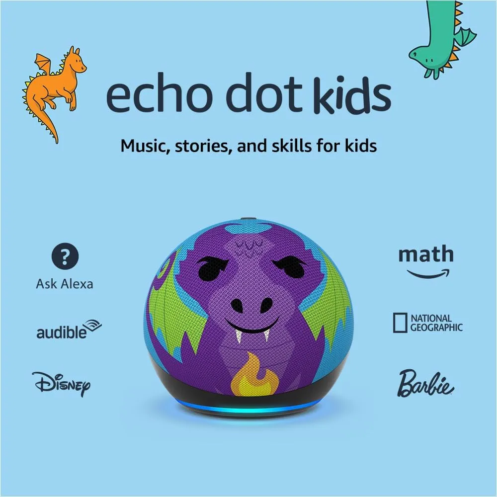 Amazon Echo Dot Kids with Alexa (newest model), Designed for kids, with parental controls, Includes 1 Year of Amazon Kids , Dragon