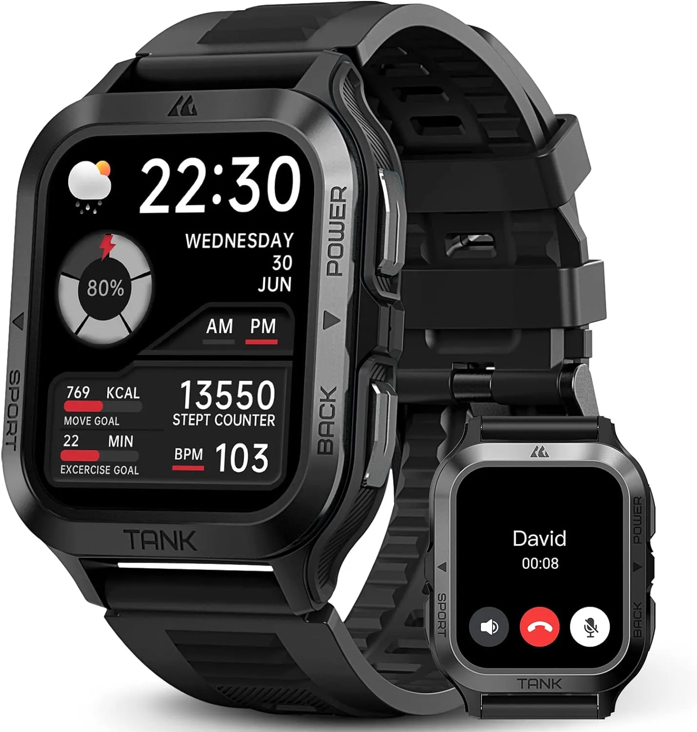 AMAZTIM Smart Watch, 60 Days Extra-Long Battery, 50M Waterproof, Rugged Military Bluetooth Call(Answer/Dial Calls), 1.85" Ultra Large HD Display, AI Voice Assistant, Compatible for Android and iOS