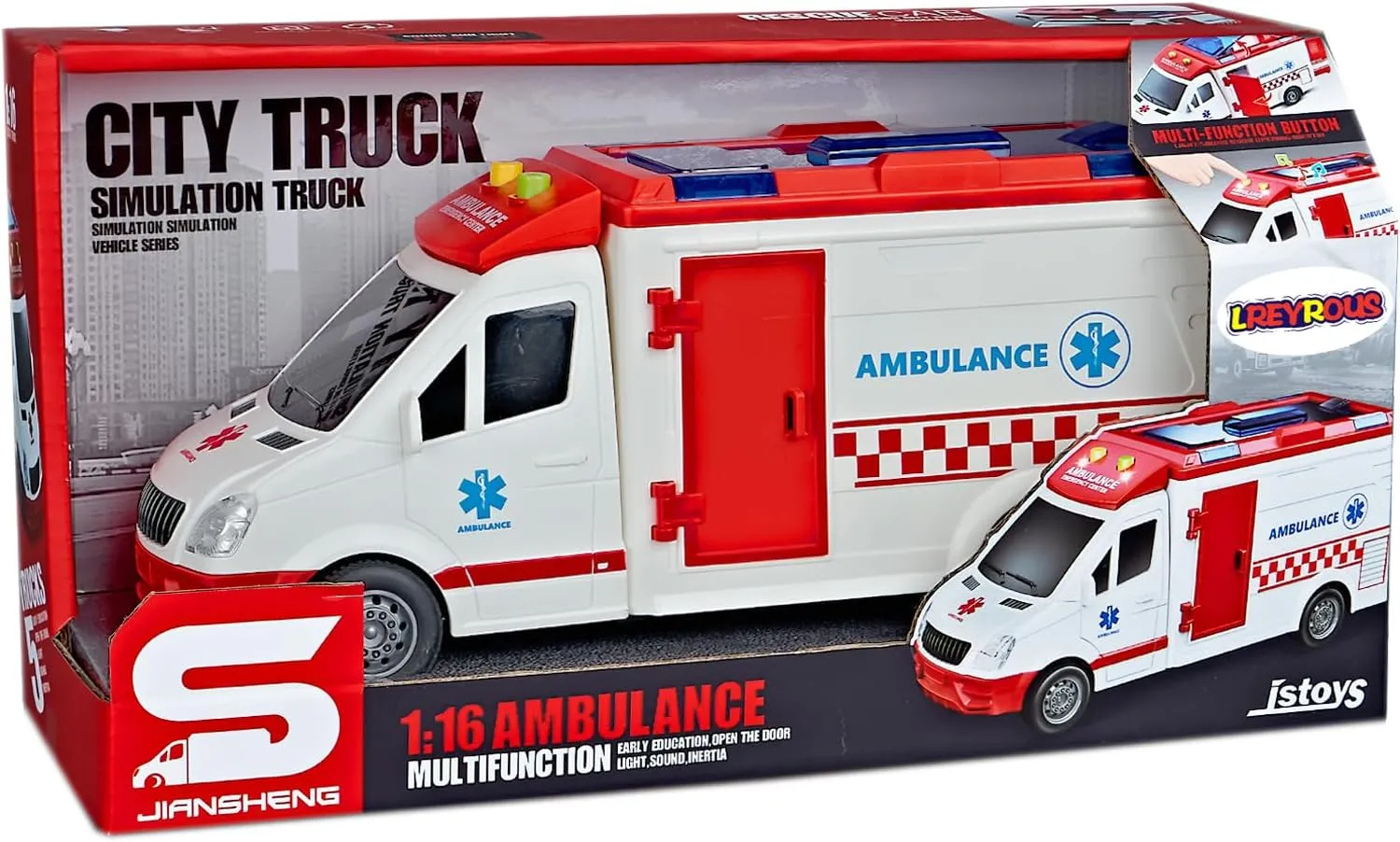 Ambulance Toy Car 1:16 Simulation Emergency Toy Ambulance Vehicle Model Rescue Toy with Lights and Sound with Open and a Stretcher Toy for Kids Age 3 