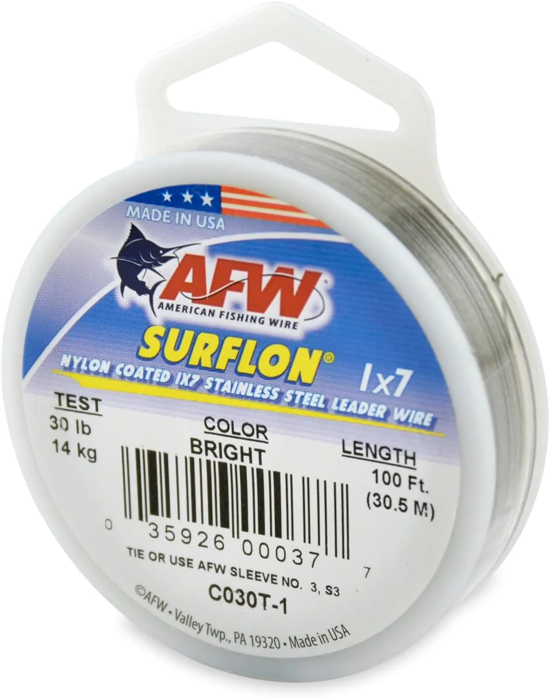 American Fishing Wire Surflon Nylon Coated 1x7 Stainless Steel Leader Wire - Fishing Leader Line for Saltwater, 10lb Test - 250lb Test in Bright, Black, Camo in 30ft, 100ft, 300ft and 1,000ft Lengths