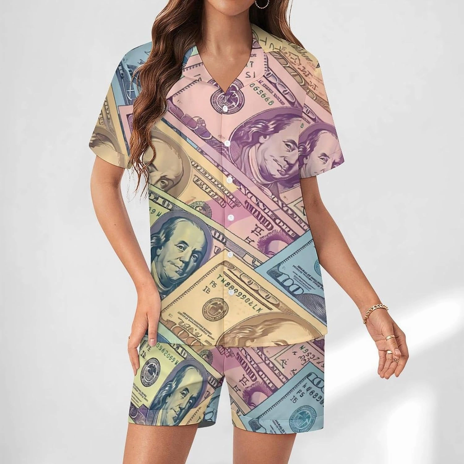 American Money Colorful Bill Dollars Women's Satin Pajama Set Short Sleeve Button Down Sleepwear Loungewear Pj Set