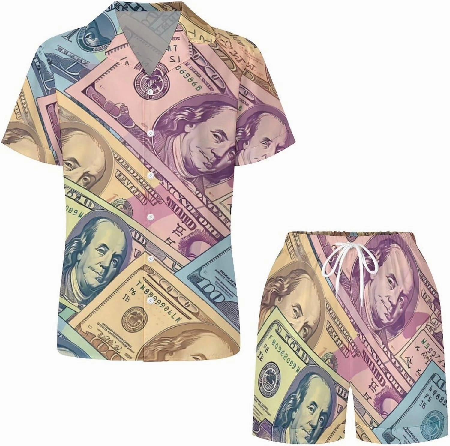 American Money Colorful Bill Dollars Women's Satin Pajama Set Short Sleeve Button Down Sleepwear Loungewear Pj Set