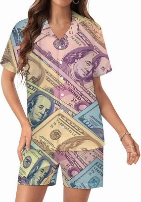 American Money Colorful Bill Dollars Women's Satin Pajama Set Short Sleeve Button Down Sleepwear Loungewear Pj Set