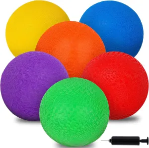 AMOR PRESENT 6PCS Playground Ball, 7 Inch Inflatable Kickballs with Pump, Rainbow Rubber Dodgeball for Kids Beach Toy Sports Games Indoor Outdoor Pool Party