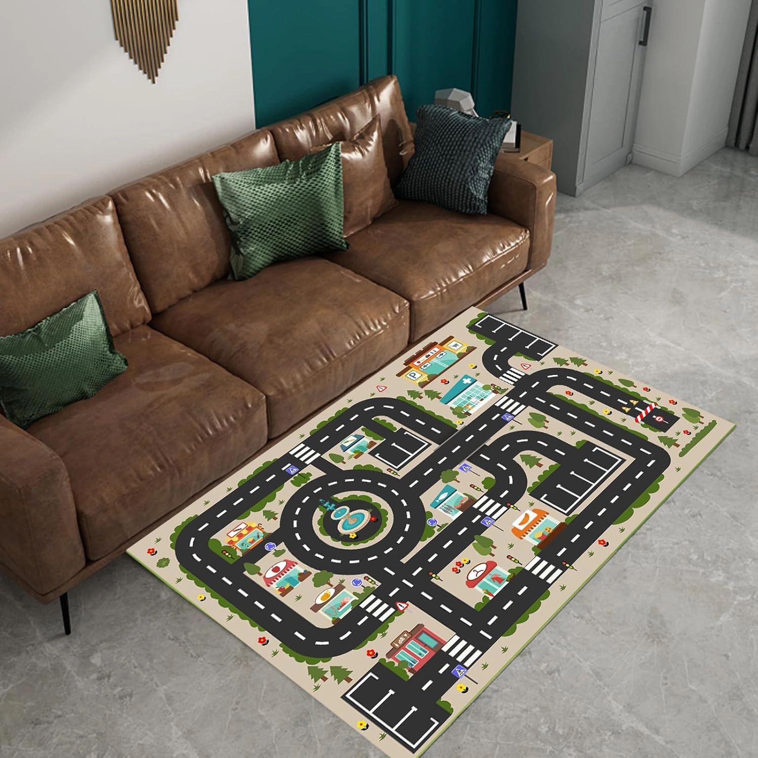 Analog ABC Kids Rug Playroom Car Rug Play Mat City Life Road Rug for Cars Fun City Map for Carpet for Bedroom Boys (31 * 47 inches, Evening City)