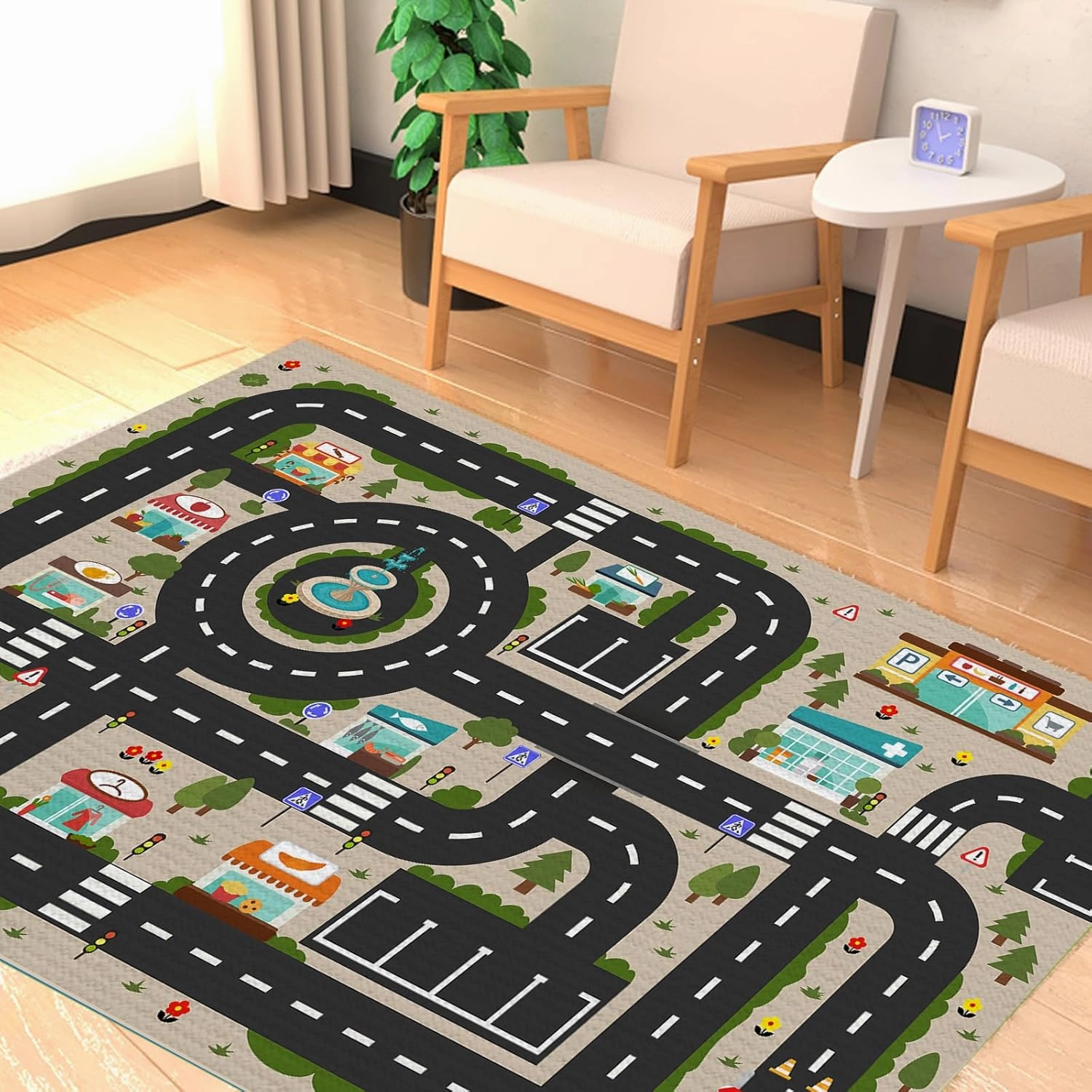 Analog ABC Kids Rug Playroom Car Rug Play Mat City Life Road Rug for Cars Fun City Map for Carpet for Bedroom Boys (31 * 47 inches, Evening City)