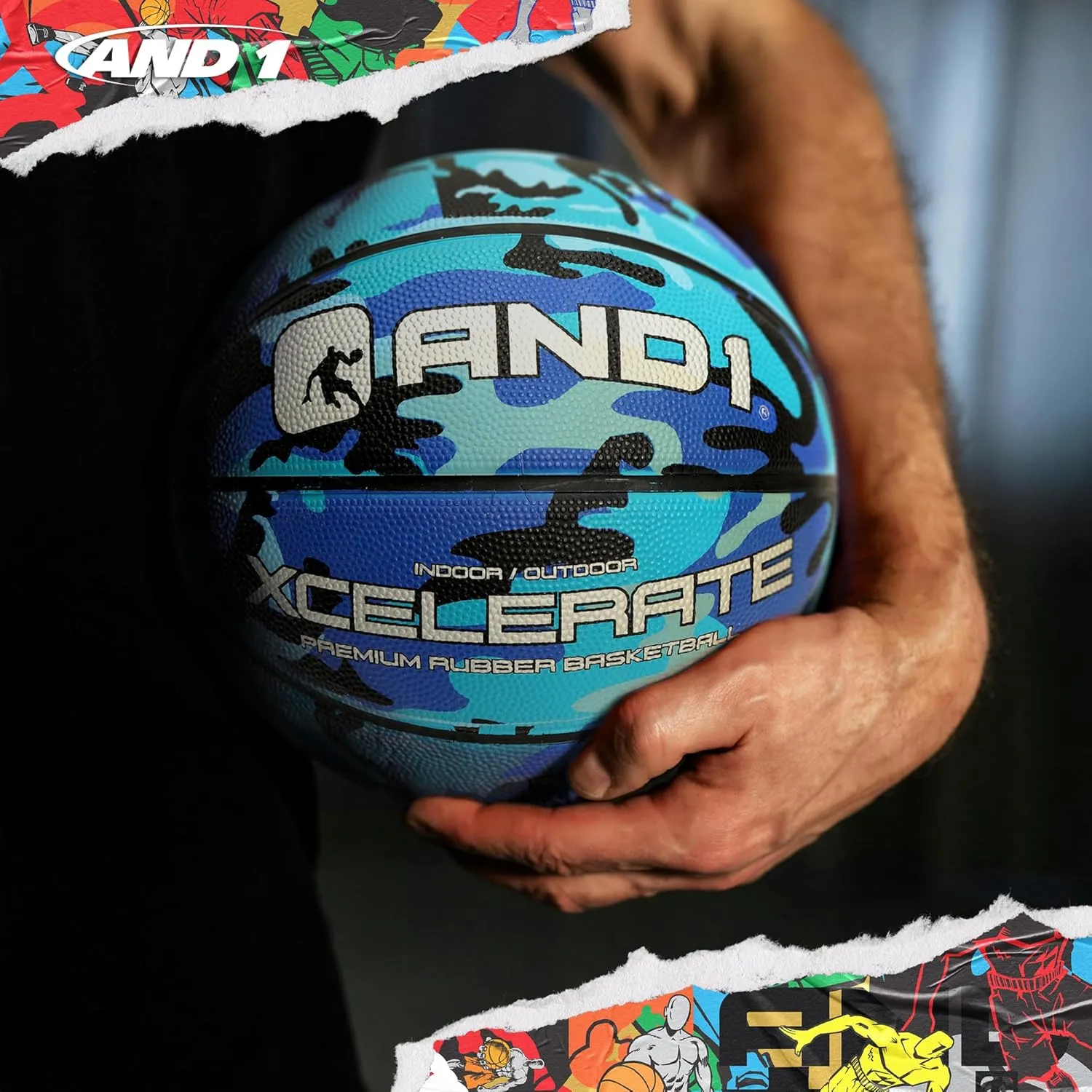 AND1 Xcelerate Rubber Basketball: Official Regulation Size 7 (29.5") - Deep Channel Construction Streetball, Made for Indoor Outdoor