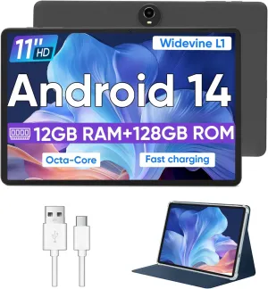 Android 14 Tablet,11 Inch Tablets with Octa Core Processor, 12GB RAM   128GB ROM 1TB Expand, Widevine L1, 8000mAh Battery, 2.4/5Ghz Dual Band WiFi/GPS/FM Radio,5/8MP Cameras, Case Included - Black